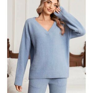 Snuggle Sac Blue V Neck Chenille Knit Sweater Large Comfy Lounge Winter Basic